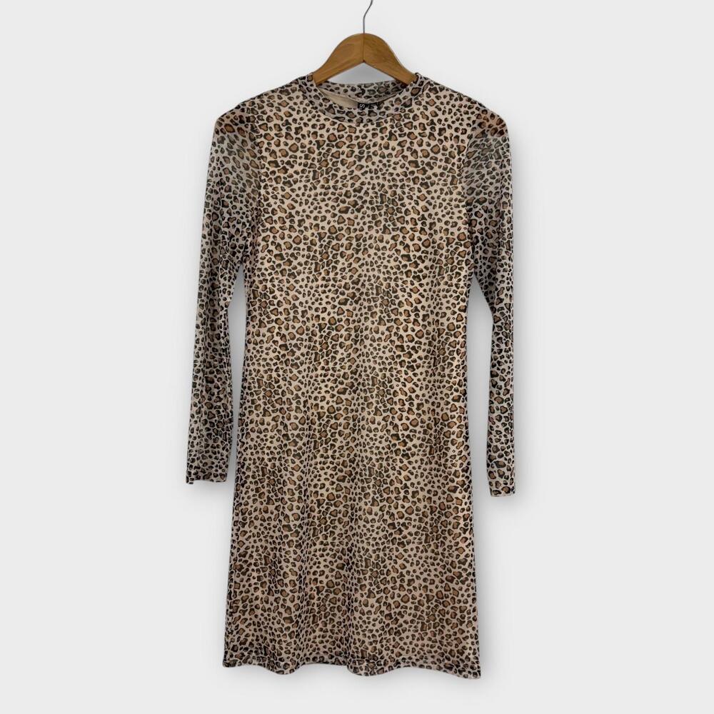 Pieces Fenola Long Sleeve Mesh Leopard Print Mini Dress Women’s Size XS New